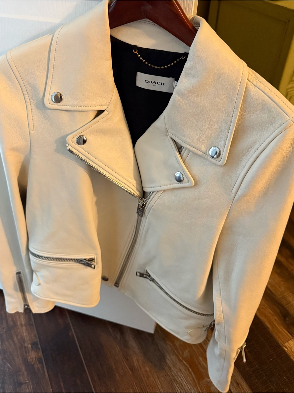 Coach White Leather Moto Jacket with Silver Hardware